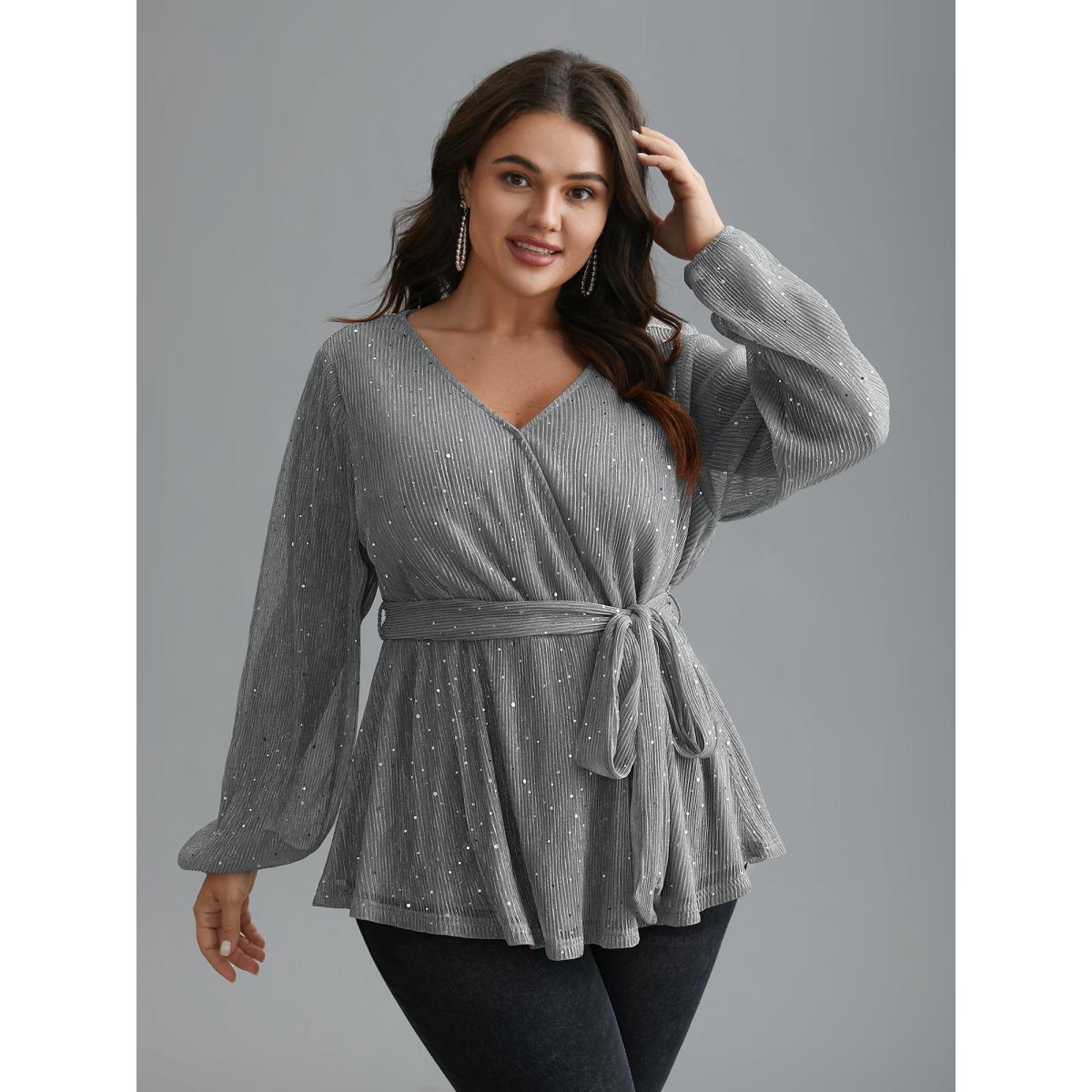 Plus Size LightGray Sequin Mesh Lantern Sleeve Wrap Belted Striped Blouse Women Party&Cocktail Long Sleeve Overlap Collar Party Blouses BloomChic 22-24/3X Product Image