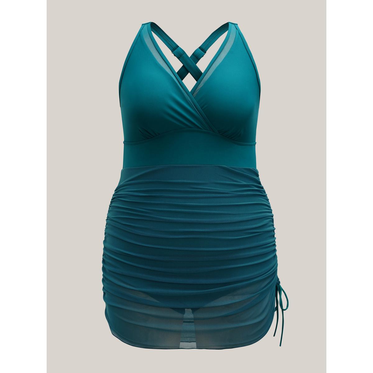 Plus Size Channel Drawstring Gathered Surplice Neck Swim Dress Women's Swimwear Teal Beach Bodycon Overlap Collar High stretch Curve Swim Dresses BloomChic 22-24/3X Product Image