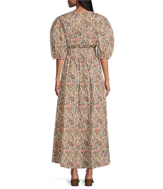 Talisman Halo Woven Printed V-Neck Button Front Smock Waist 3/4 Puff Sleeve A-Line Maxi Dress Product Image