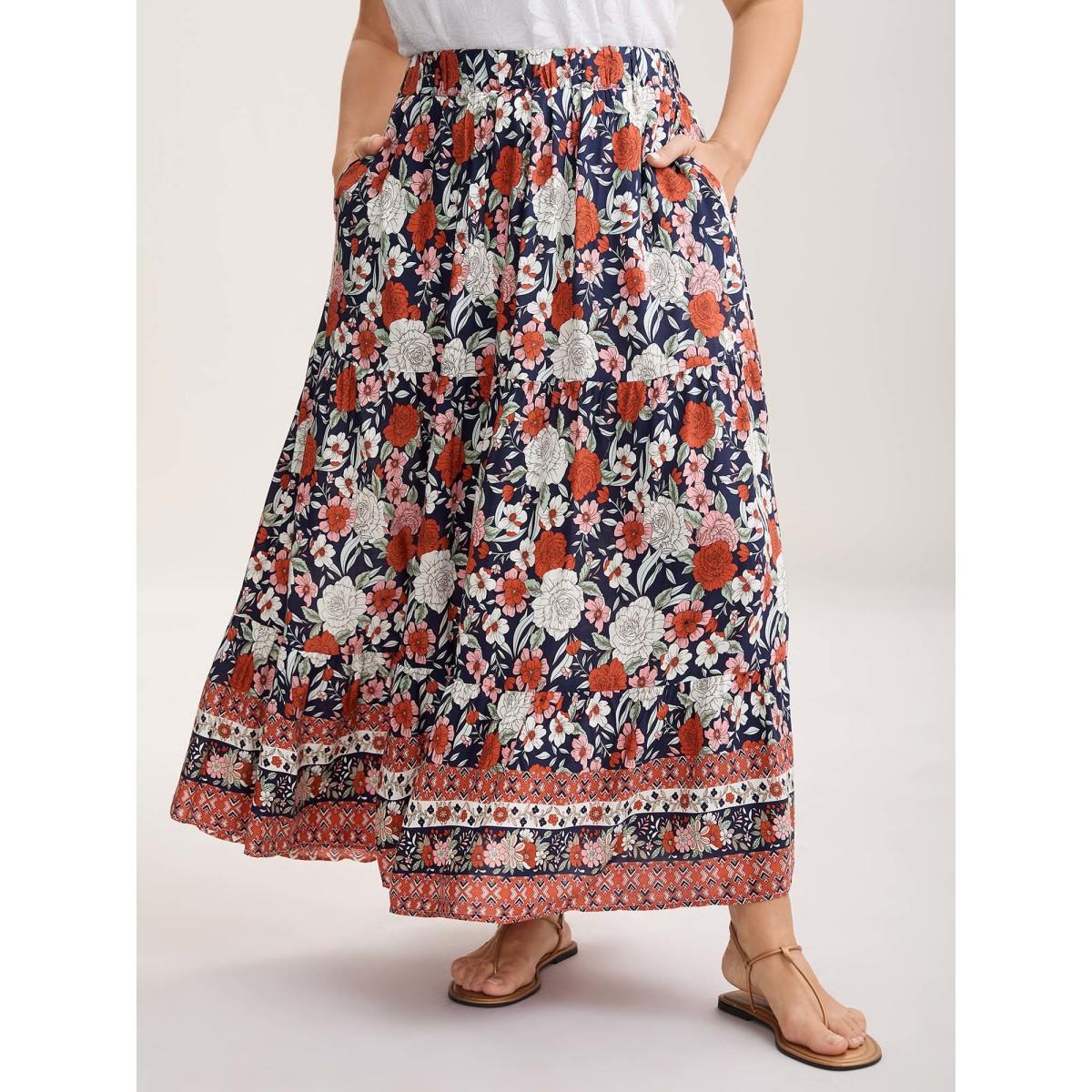 Plus Size Rayon Breezy Floral Print Tiered Back Maxi Skirt Women Rust Boho Loose No stretch Side seam pocket Vacation Skirts BloomChic 22-24/3X Product Image