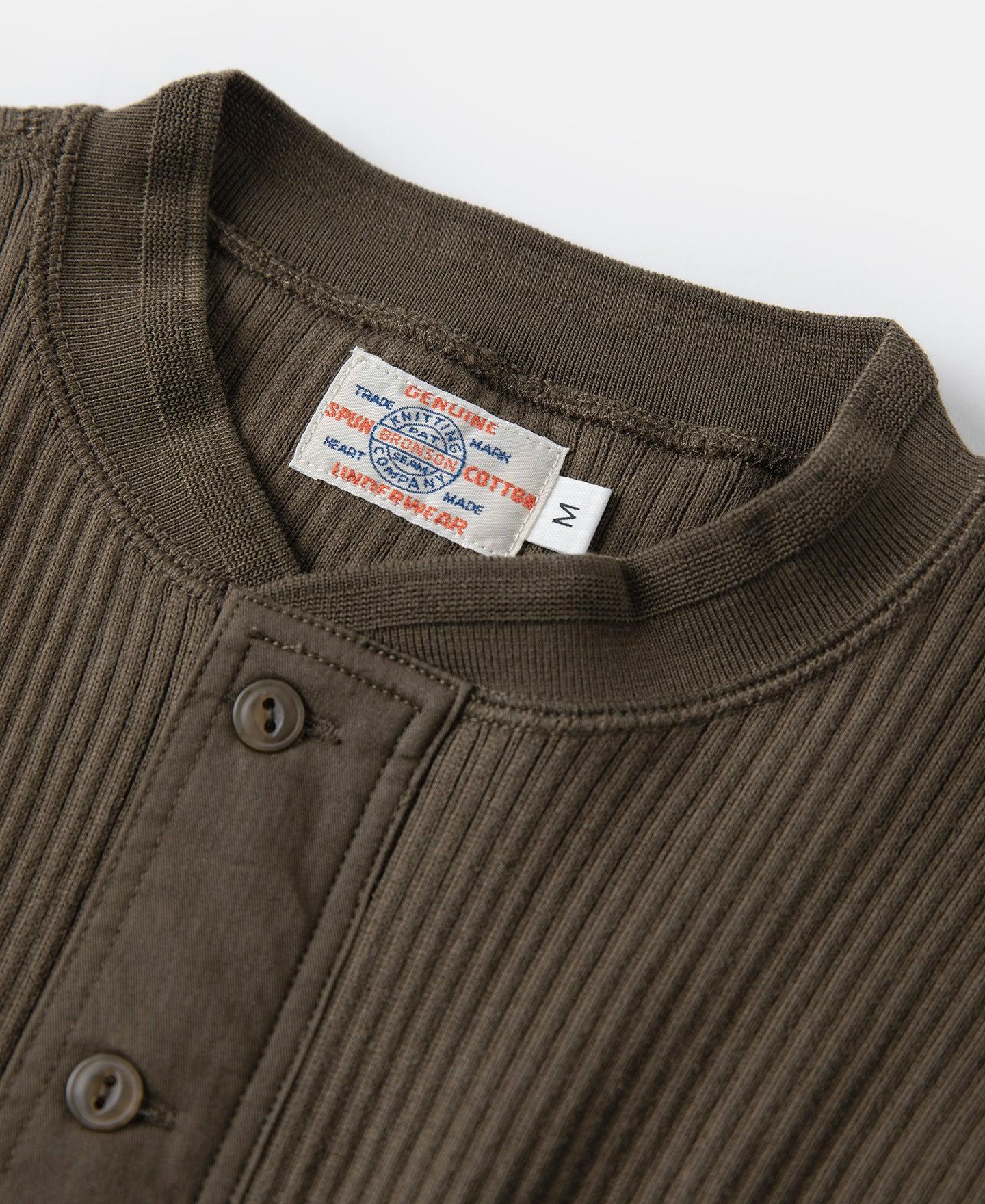 Ribbed Long Sleeve Henley T-Shirt - Olive Brown Product Image