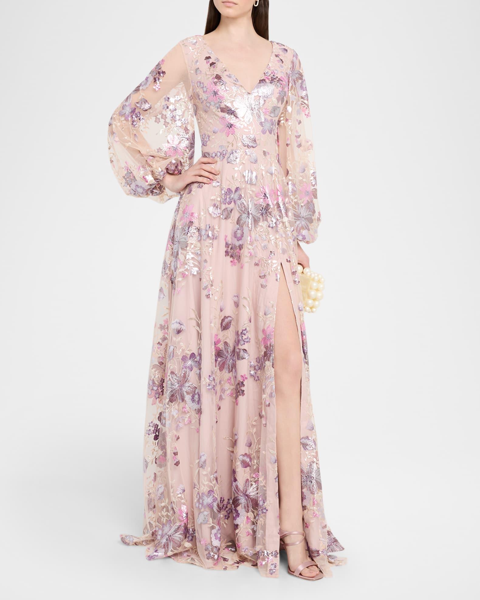 Balloon-Sleeve Metallic Embroidered Gown Product Image