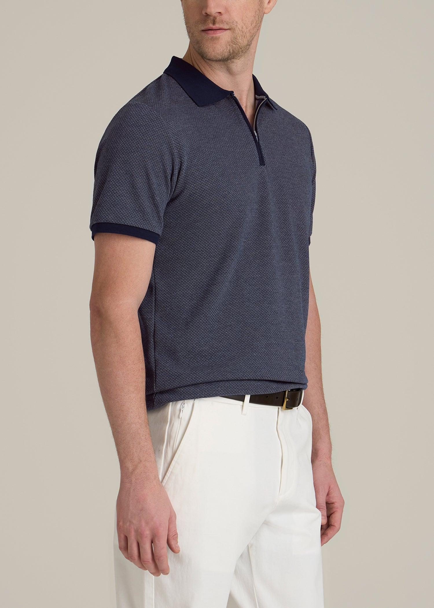 Embossed Geo Zip Collar Polo Shirt for Tall Men in Evening Blue Male Product Image