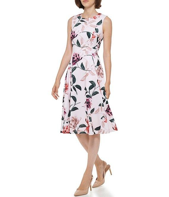 Calvin Klein Scuba Crepe Crew Neck Sleeveless Floral A-Line Dress Product Image