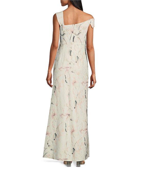 R & M Richards Asymmetrical Neck Sleeveless Floral Print Foil Jacquard Sheath Dress Product Image