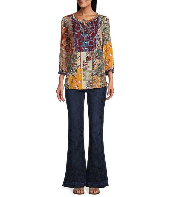 John Mark Woven Embroidered Split V-Neck 3/4 Sleeve Tunic Product Image