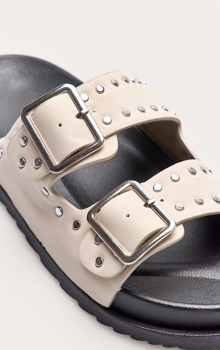 Beige Double Buckle Faux Suede Flatbed Sandals Product Image