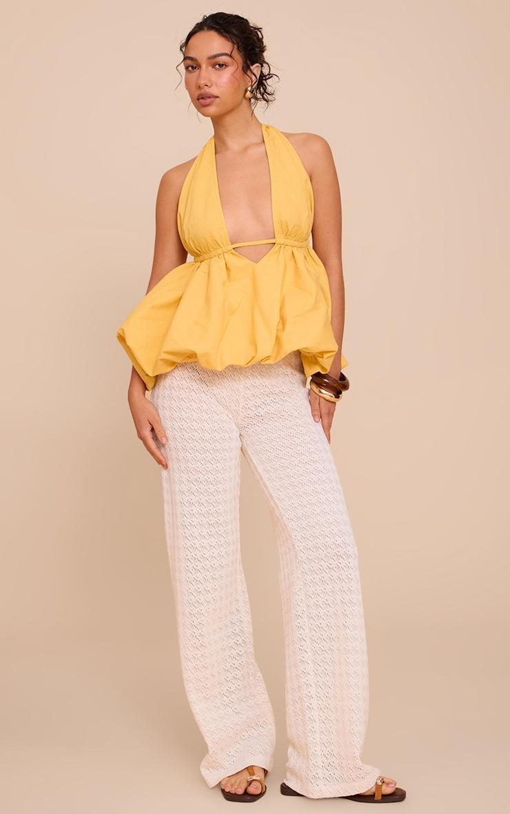 Yellow Woven Plunge Halter Neck Puffball Top Product Image