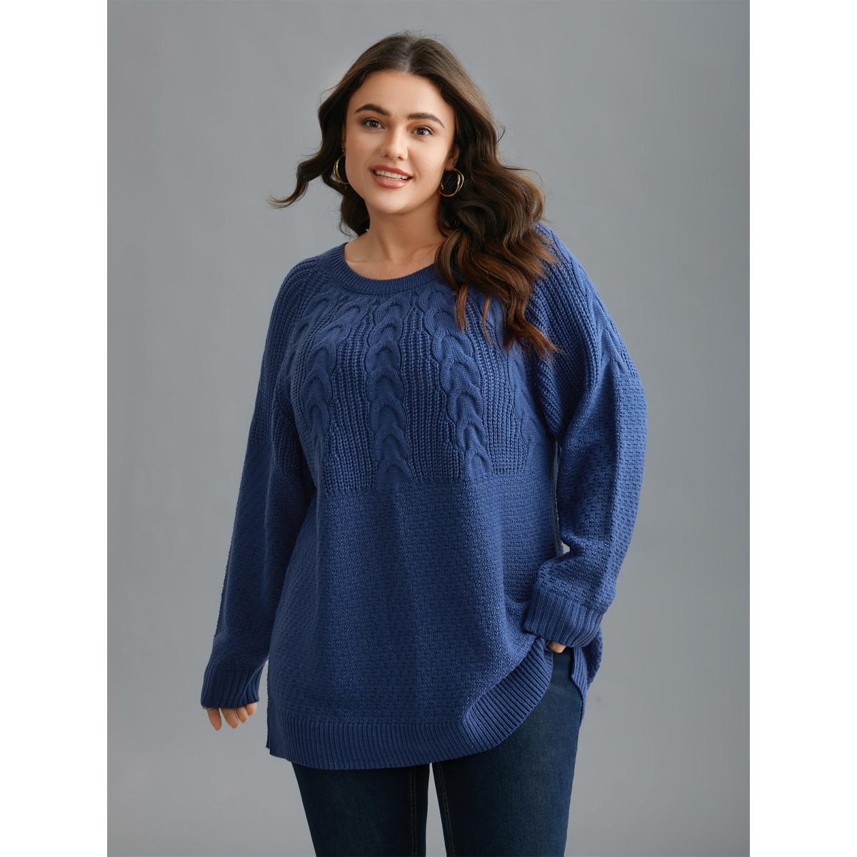 Plus Size Cable Knit Raglan Sleeve Round Neck Pullover Cerulean Women Casual Loose Long Sleeve Round Neck Everyday Pullovers BloomChic 26/4X Product Image