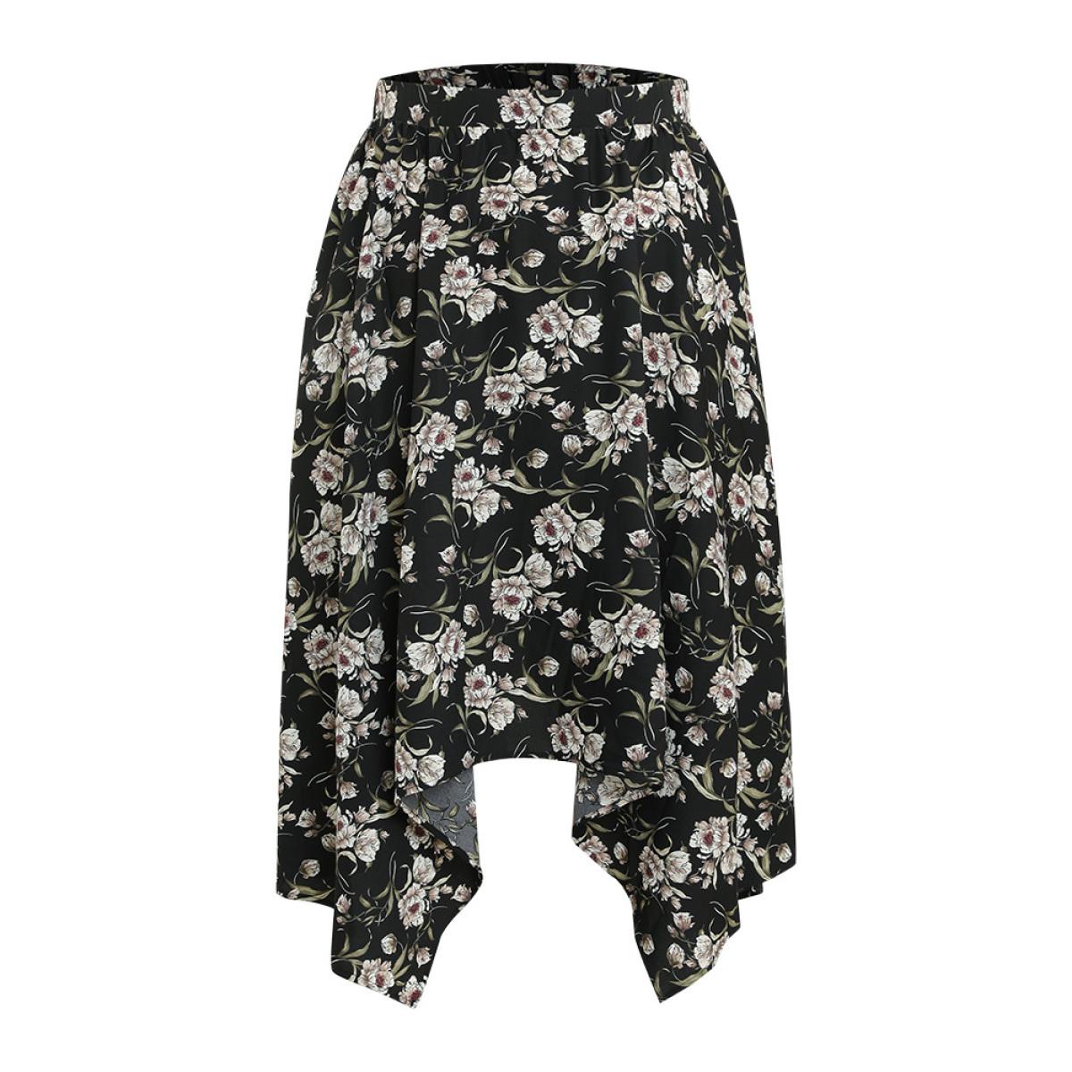 Plus Size Floral Print Pocket Elastic Waist Hanky Hem Skirt Women BlackFlower Elegant Printed No stretch Dailywear Skirts BloomChic 26/4X Product Image