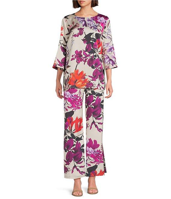 Caroline Rose Bella Coordinating Floral Print Satin Round Neck 3/4 Bell Sleeve Tunic Product Image