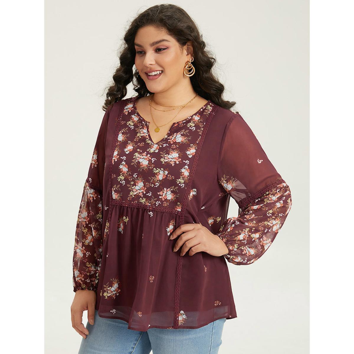 Plus Size Scarlet Floral Print Mesh Lace Patchwork Lantern Sleeve Blouse Women Elegant Long Sleeve V-neck Dailywear Blouses BloomChic 18-20/2X Product Image