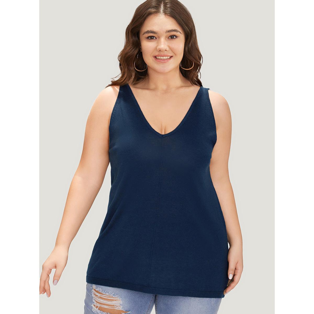 Plus Size Supersoft Essentials Solid Patchwork Sleeveless Pullover Indigo Women Casual Loose Sleeveless V-neck Everyday Pullovers BloomChic 26/4X Product Image