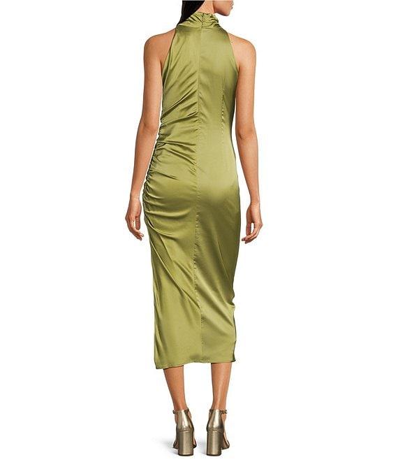 Belle by Badgley Mischka Holly Satin Mock Neck Sleeveless Sheath Dress Product Image