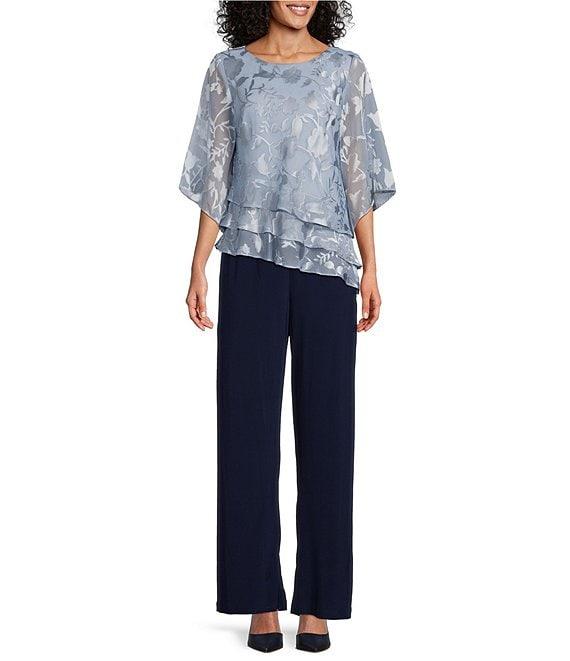 Alex Evenings 3/4 Illusion Sleeve Crew Neck Asymmetrical Triple Tier Hem Printed Chiffon Blouse Product Image