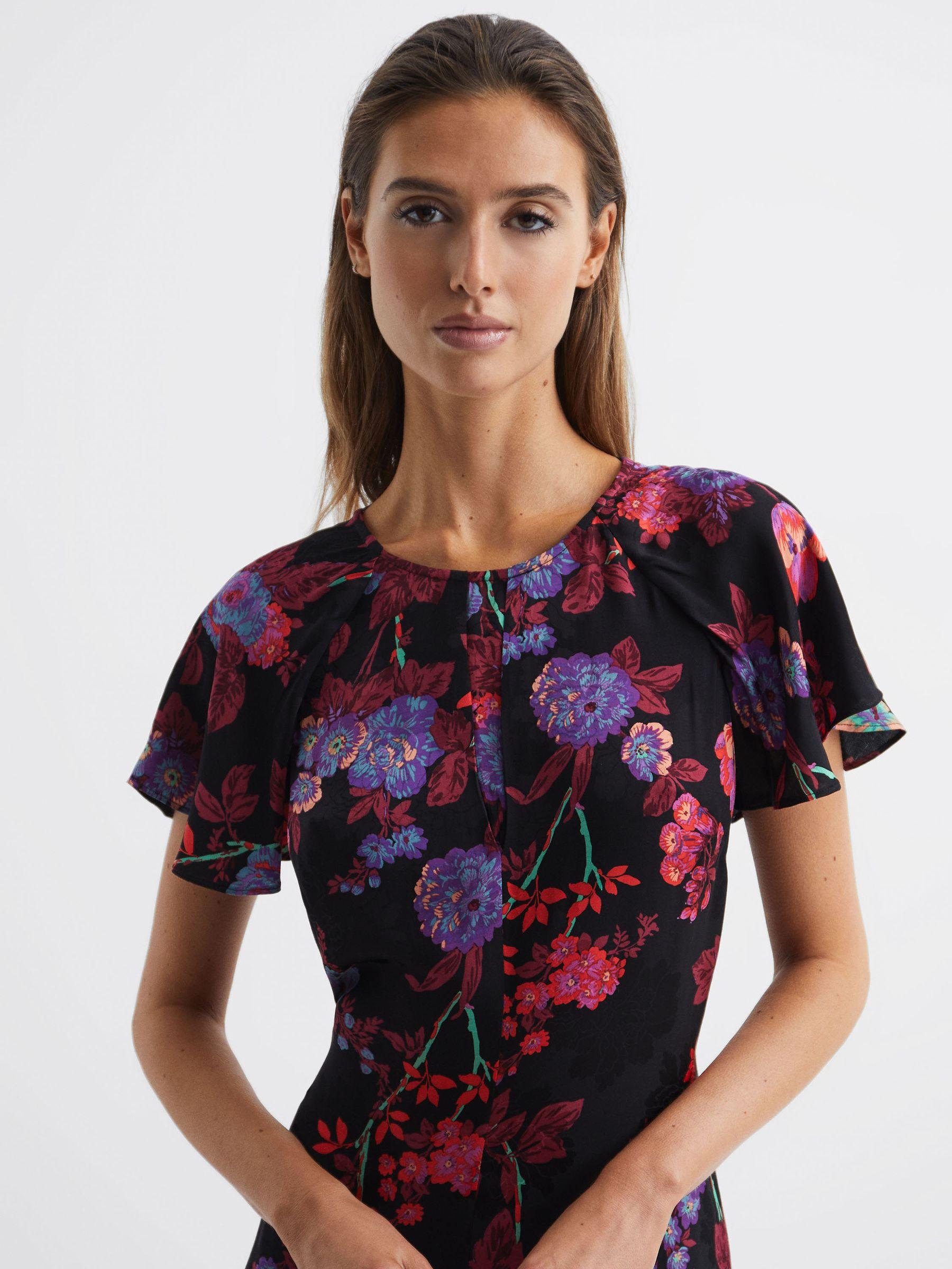 Fitted Floral Print Midi Dress in Black/Pink Product Image