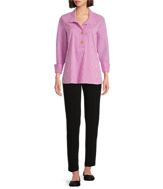 Ali Miles Crinkle Stripe Y Neckline Cuffed 3/4 Sleeve Top Product Image