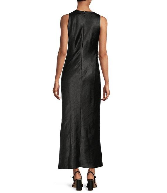 Gianni Bini Cheyanne Satin 3D Rosettes Cutout Round Neck Sleeveless Ruched Slip Maxi Dress Product Image
