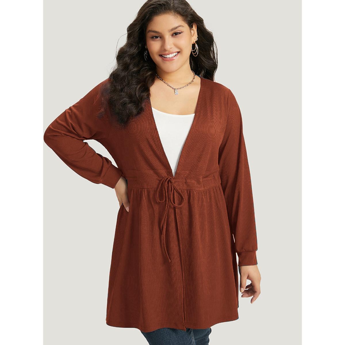 Plus Size Plain Drawstring Knot Gathered Open Front Coat Women Cyan Casual Plain Dailywear Kimonos BloomChic 26/4X Product Image