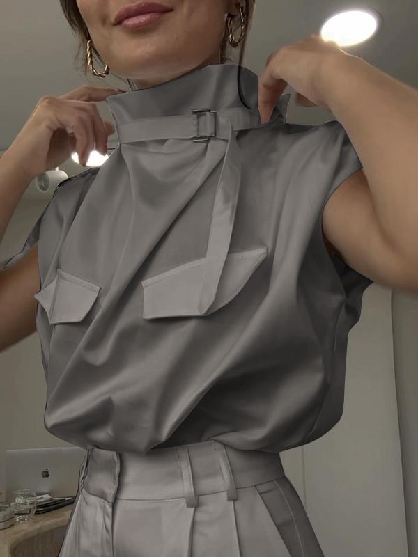 Loose Sleeveless Buckle Solid Color Stand Collar Blouses&Shirts Tops Product Image