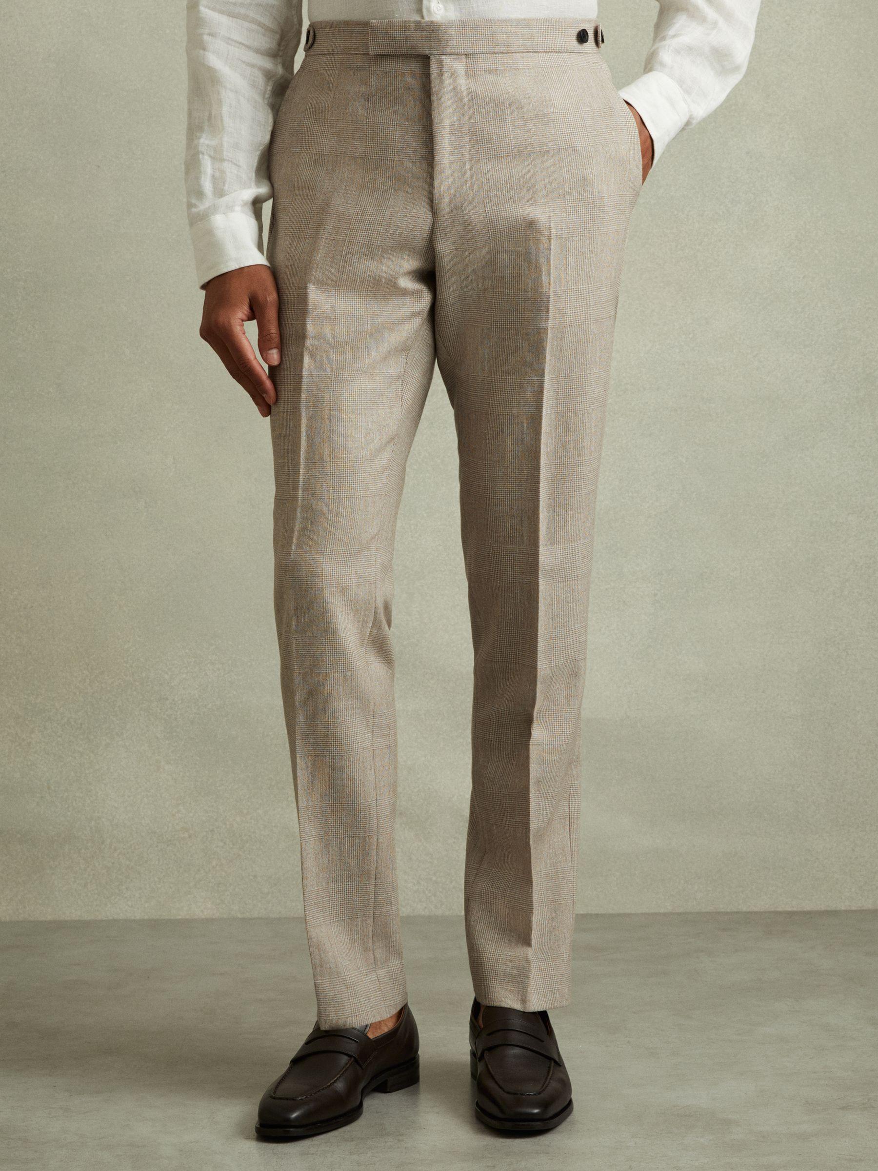 Checked Side Adjuster Trousers in Wool-Linen in Oatmeal Product Image