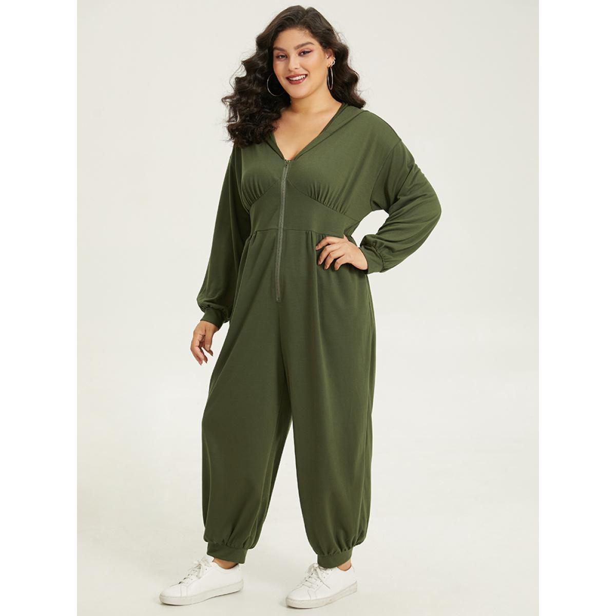 Plus Size ArmyGreen Solid Half Zip Hooded Gathered Jumpsuit Women Casual Long Sleeve Hooded Dailywear Loose Jumpsuits BloomChic 12/L Product Image