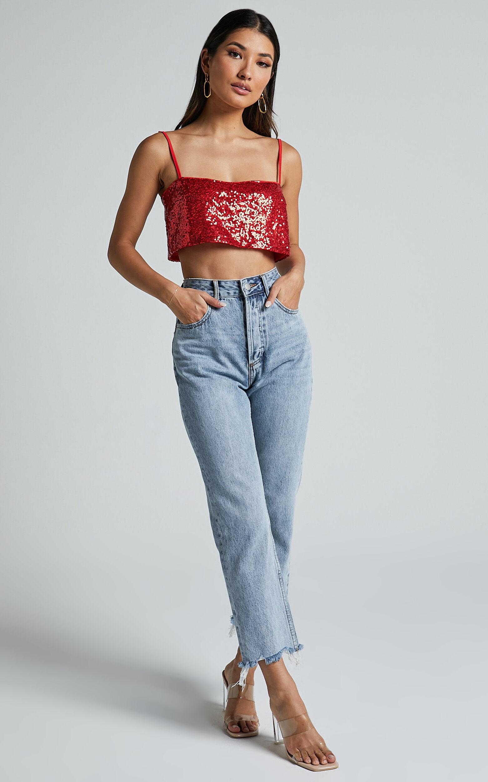 Elswyth Top - Strappy Sequin Crop Cami Top in Red Product Image