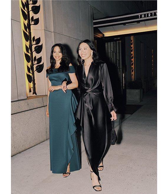 Xscape Long Sleeve Collared V-Neck Satin Dress Product Image