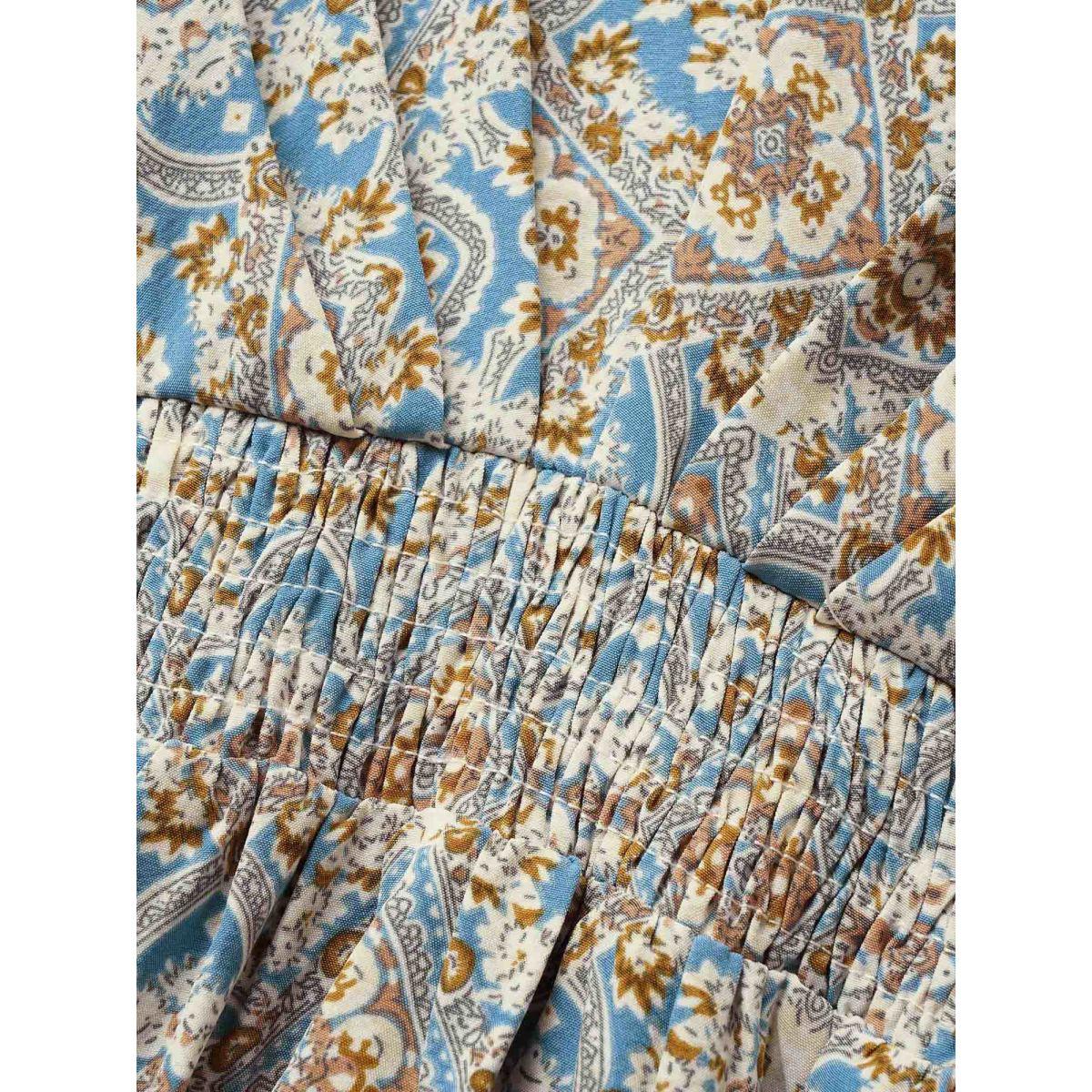 Plus Size Boho Print Shirred Pleated Maxi Dress Stone Women Resort Slit V-neck Half Sleeve Curvy BloomChic 22-24/3X Product Image