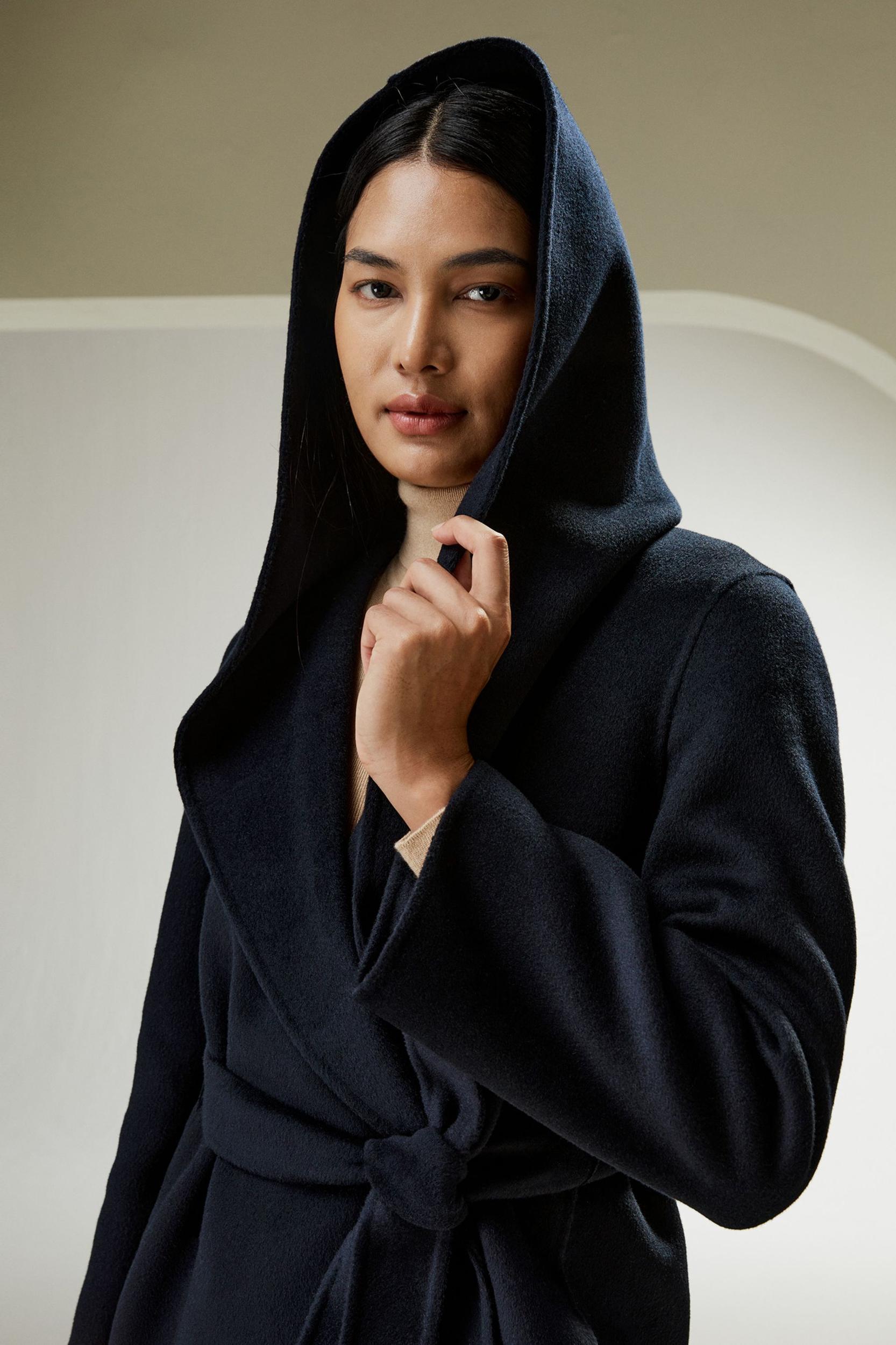 LILYSILK Womens Coats Navy Blue Cashmere Wool Comfortable Hooded Coat M Product Image