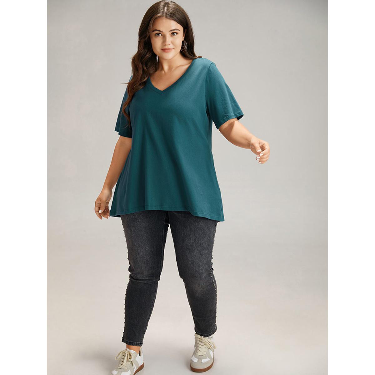 Plus Size Cotton Plain V Neck Basic T-shirt DarkSlateGray Women Casual Plain Plain V-neck Dailywear T-shirts BloomChic 30/6X Product Image