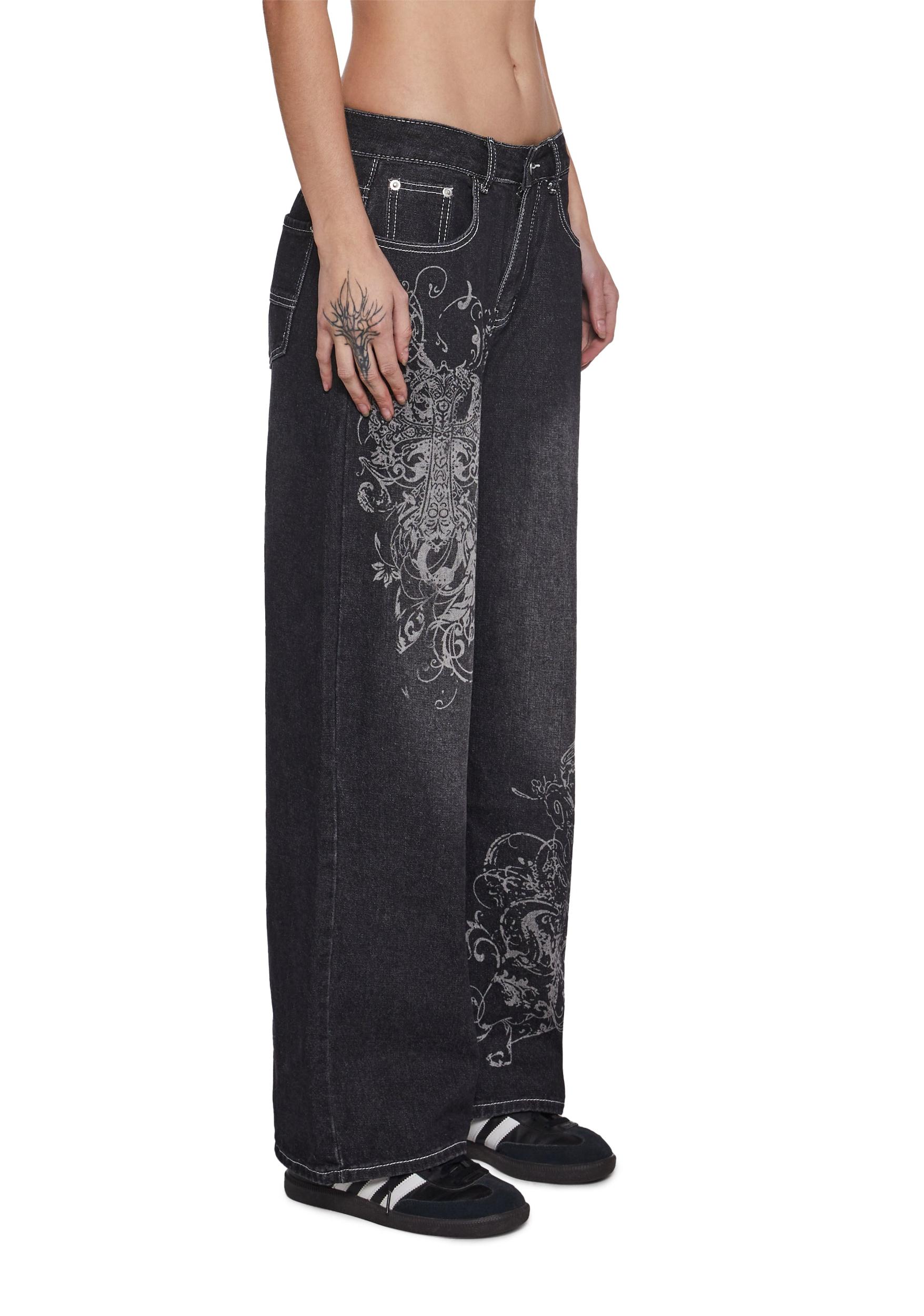 Womens Wide Leg Washed Denim Jeans - Black Product Image