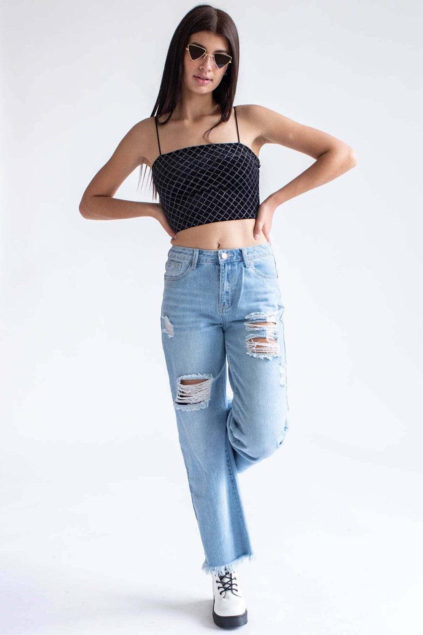 Black Glitter Diamonds Velvet Crop Cami Product Image