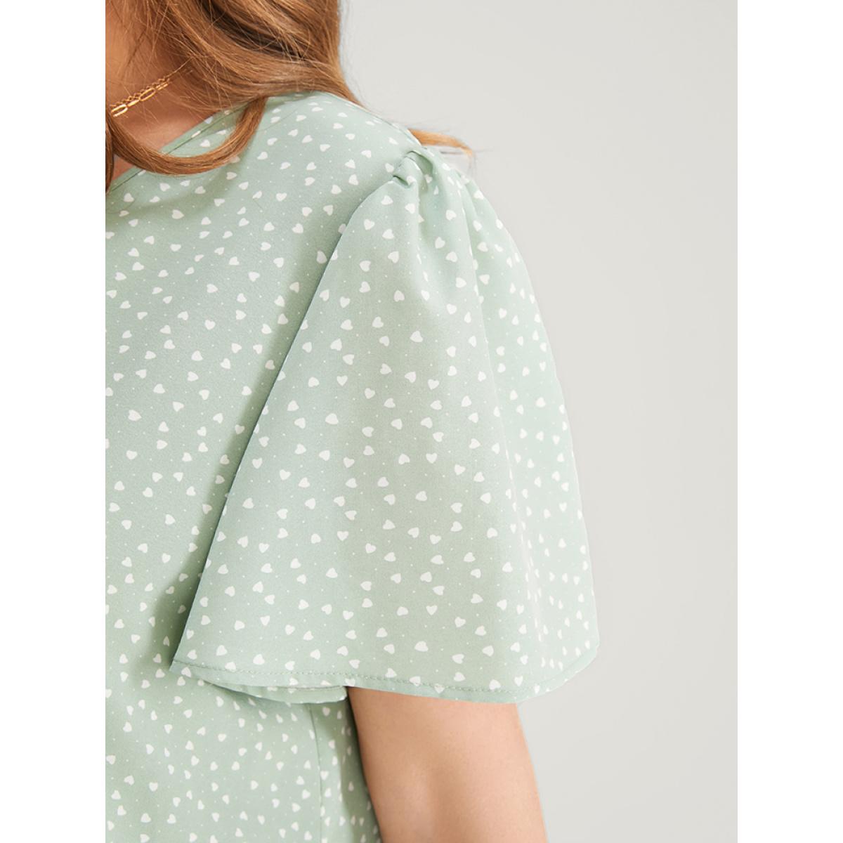 Plus Size Mint Heart Print Ruffle Sleeve Asymmetrical Hem Blouse Women Elegant Short sleeve V-neck Dailywear Blouses BloomChic 12/L Product Image