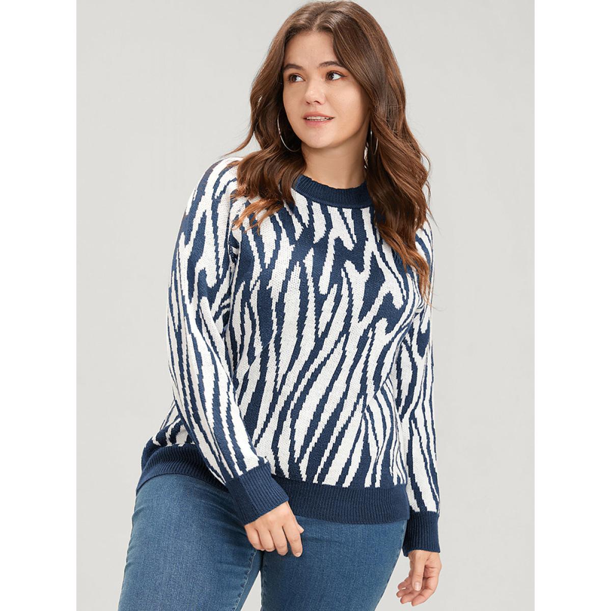 Plus Size Zebra Print Pointelle Knit Raglan Sleeve Jacquard Knit Top Midnight Women Casual Long Sleeve Round Neck Everyday Pullovers BloomChic 12/L Product Image