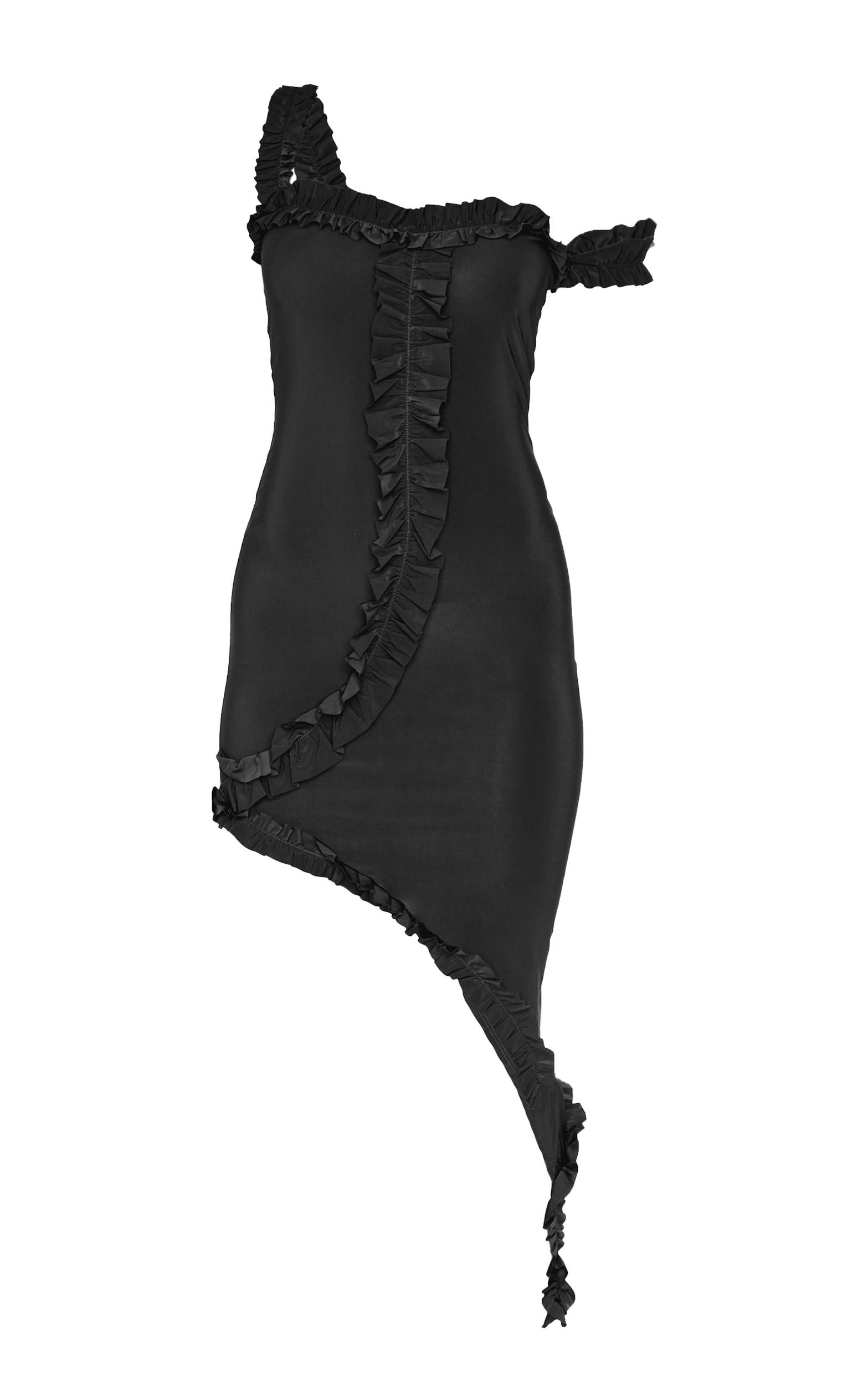 Black Double Layer Slinky Frill Hem Asymmetric Midi Dress Product Image