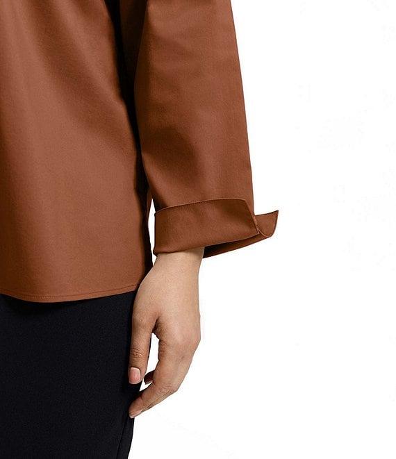 Foxcroft Plus Size Tammy Solid Non-Iron Ruffled Split V-Neck Long Turn-Up Cuff Sleeve Popover Shirt Product Image