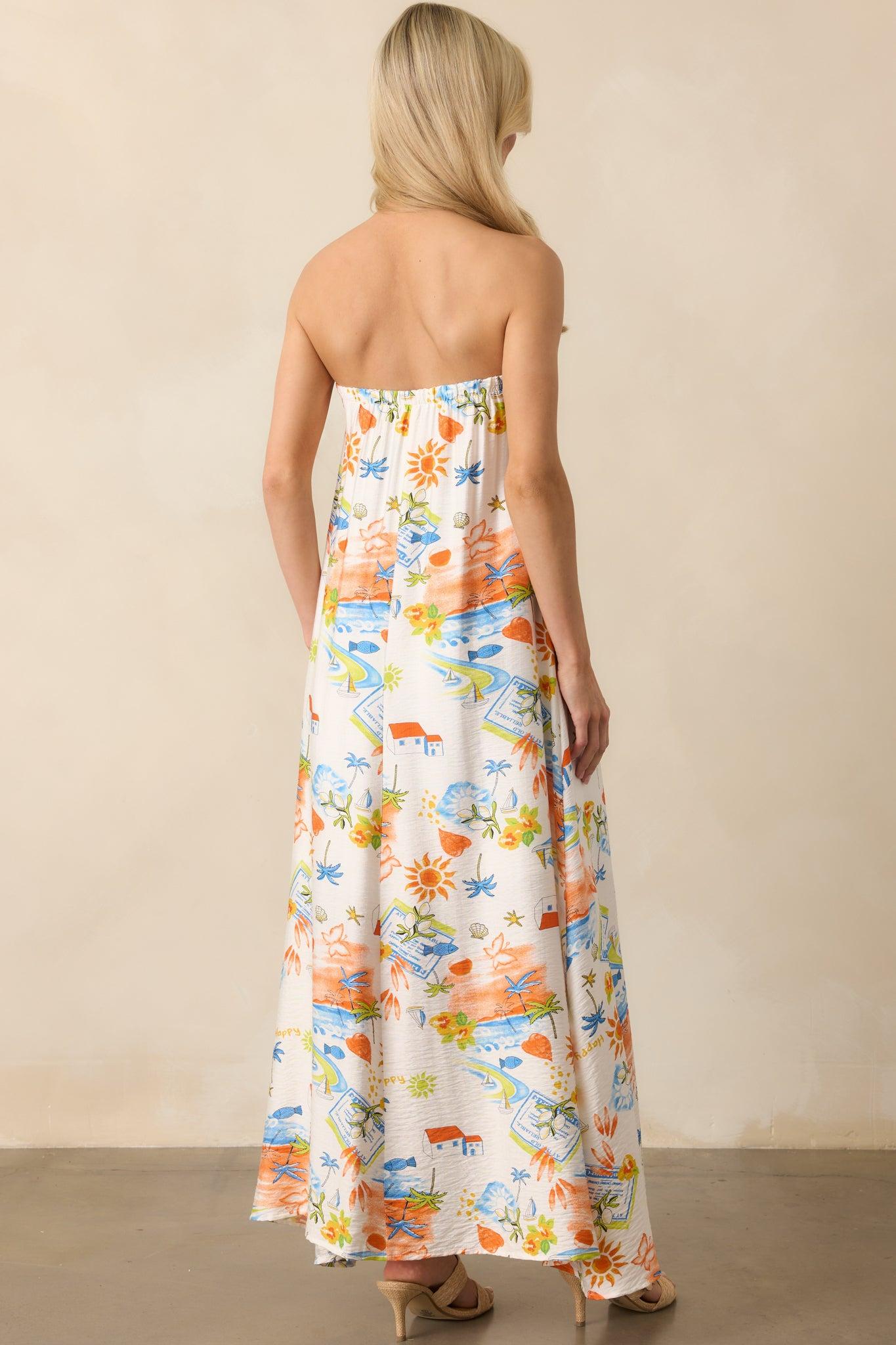 Try To Change It Up Orange Tropical Print Strapless Maxi Dress Product Image