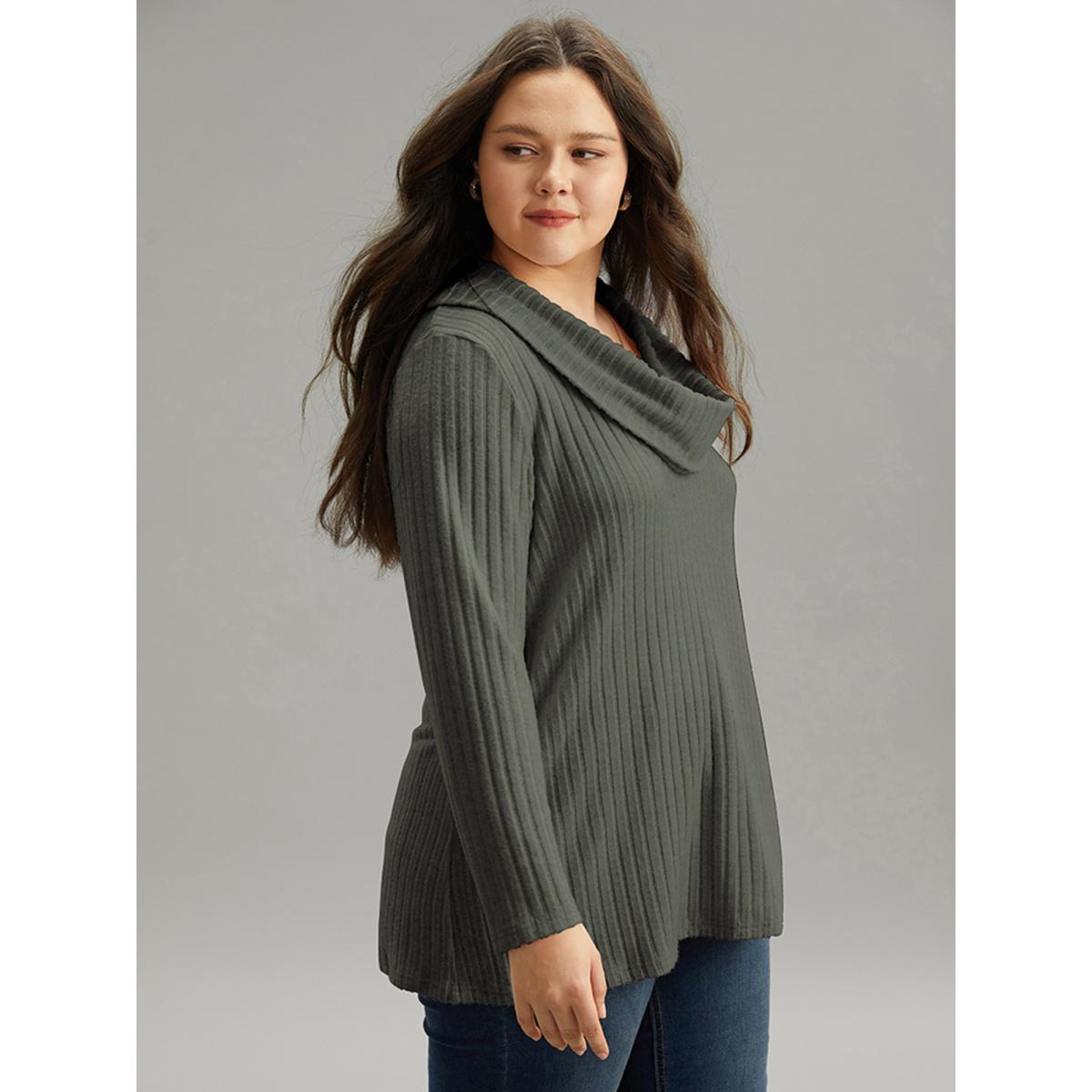 Plus Size Plain Rib Knit Cowl Neck T-Shirt Green Women Leisure Texture Plain Ruffled collar Casual T-shirts BloomChic 18-20/2X Product Image