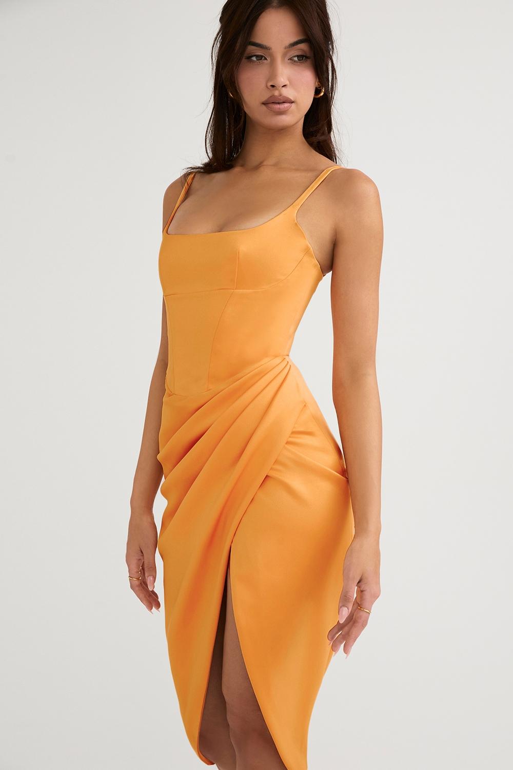 Bianca  tangerine satin pleated corset midi dress Product Image