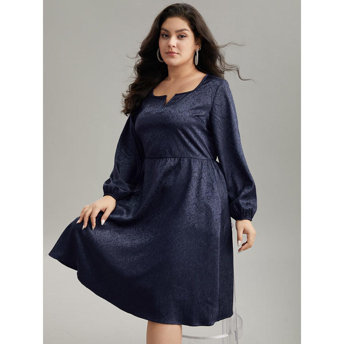Plus Size Plain Textured Notched Lantern Sleeve Dress Indigo Women Glamour Elastic cuffs Notched collar Long Sleeve Curvy Knee Dress BloomChic 14-16/1X Product Image