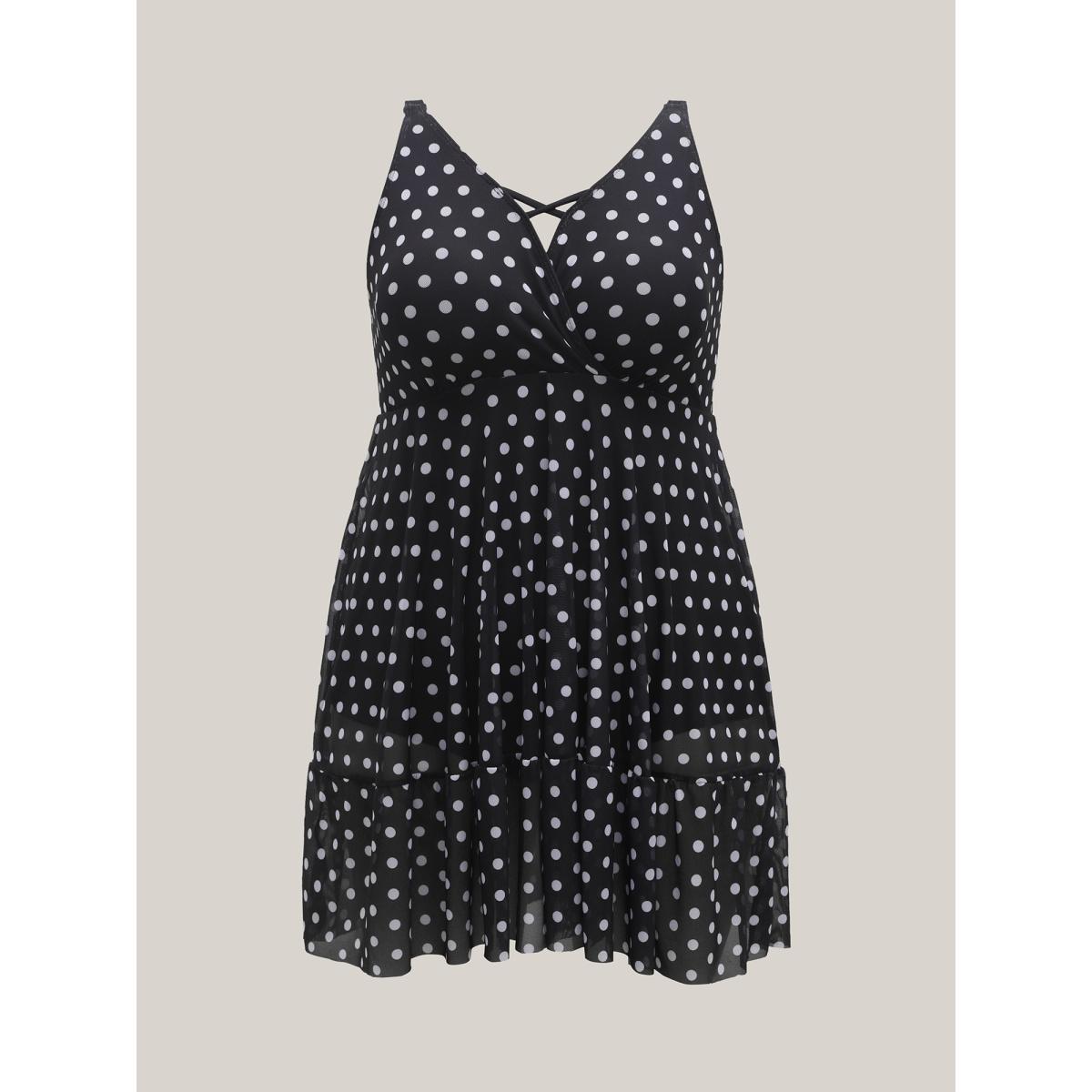 Plus Size Polka Dots Mesh Ruffled Swim Dress Women's Swimwear Black Beach Bodycon Overlap Collar High stretch Curve Swim Dresses BloomChic 12/L Product Image