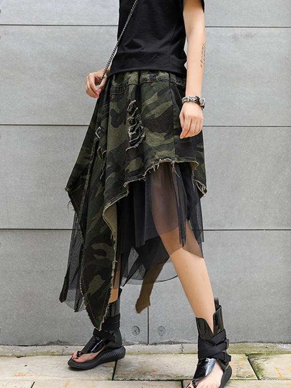 A-Line Loose Asymmetric Camouflage Elasticity Fringed Mesh Split-Joint Skirts Bottoms Product Image