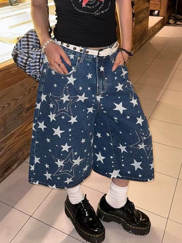 American Retro Five-Pointed Star Rhinestone Denim Shorts Product Image