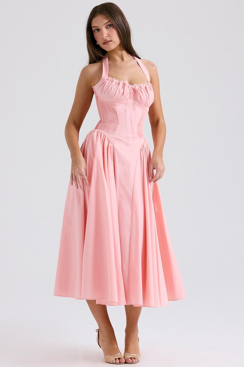 Adabella  rose pink cotton halter midi sundress Product Image