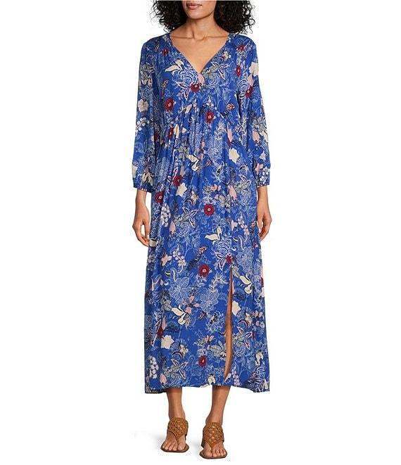 Nurture by Westbound V-Neck Floral Maxi Front Slit Elbow Sleeve Dress Product Image