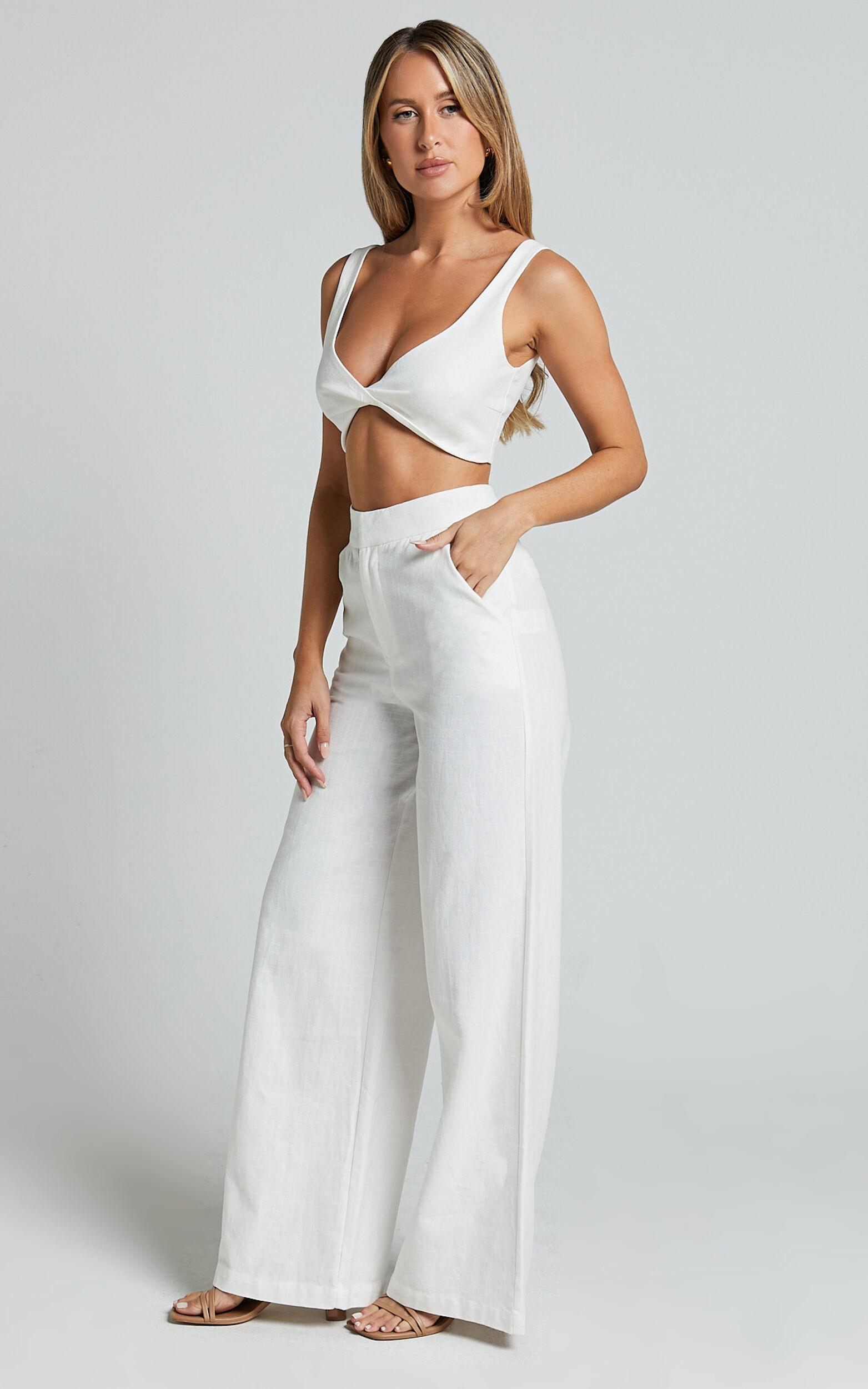 Kingston Two Piece Set - Twist Front Twill and Wide Leg Pants Set in White Product Image