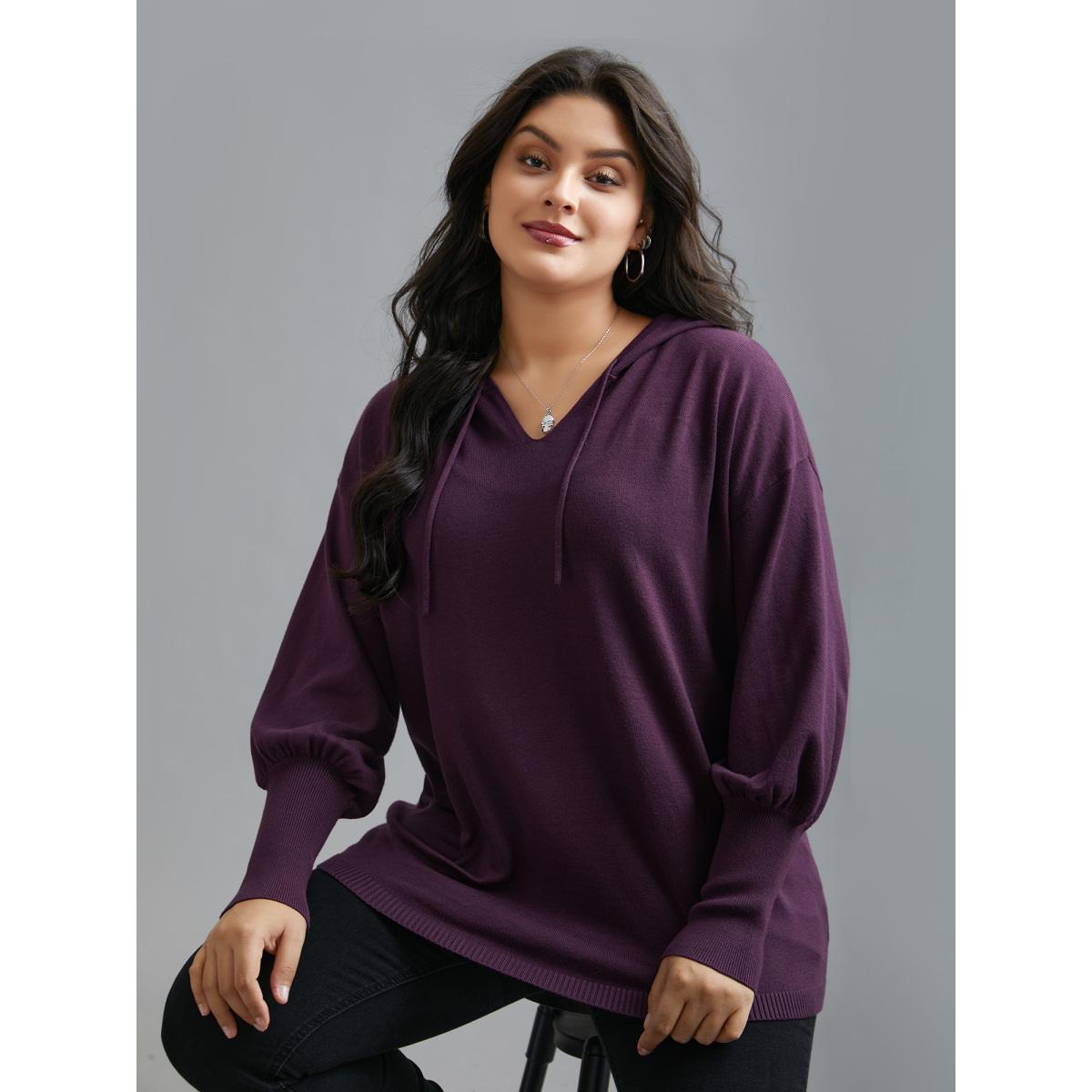 Plus Size Drop Shoulder Slim-Fit Hooded Pullover Eggplant Women Casual Loose Long Sleeve Hooded Everyday Pullovers BloomChic 12/L Product Image