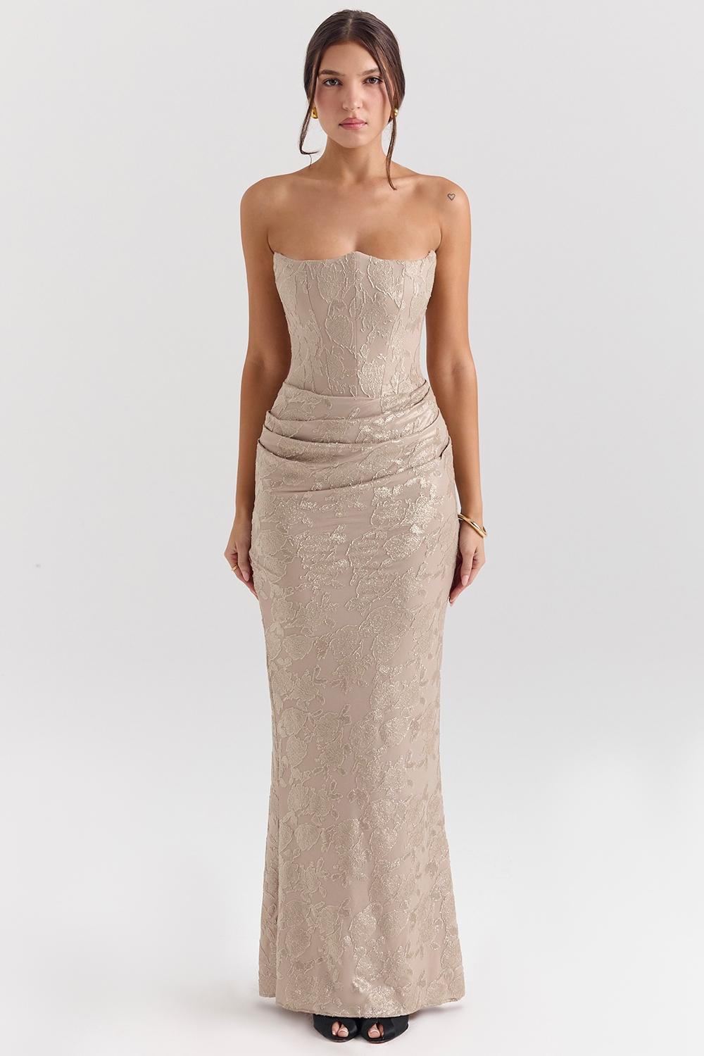 Persephone  pale gold chiffon mesh strapless corset maxi dress Product Image