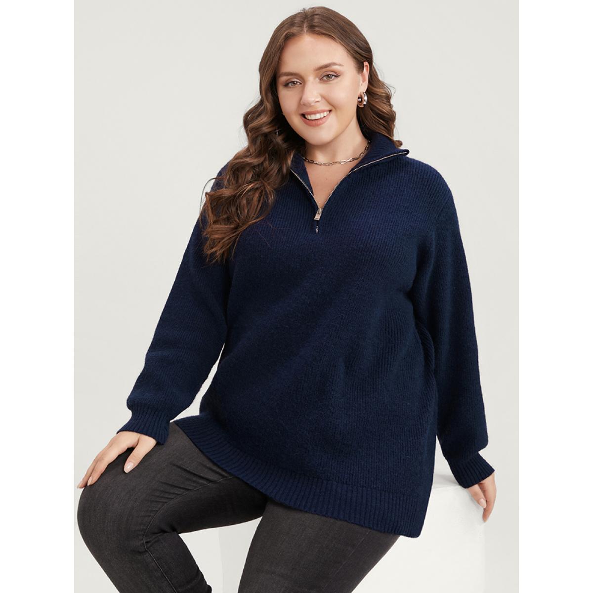 Plus Size Solid Super Soft Plush Knit Zip Neck Knit Top DarkBlue Women Casual Loose Long Sleeve Lapel Collar Dailywear Pullovers BloomChic 18-20/2X Product Image